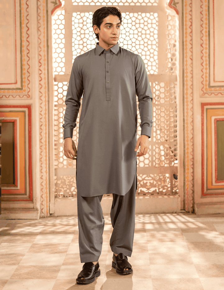 RANGREZA | MA-93 mens eid outfit featuring a grey semi-formal Kameez Shalwar, ideal for festive and formal occasions in traditional wear.