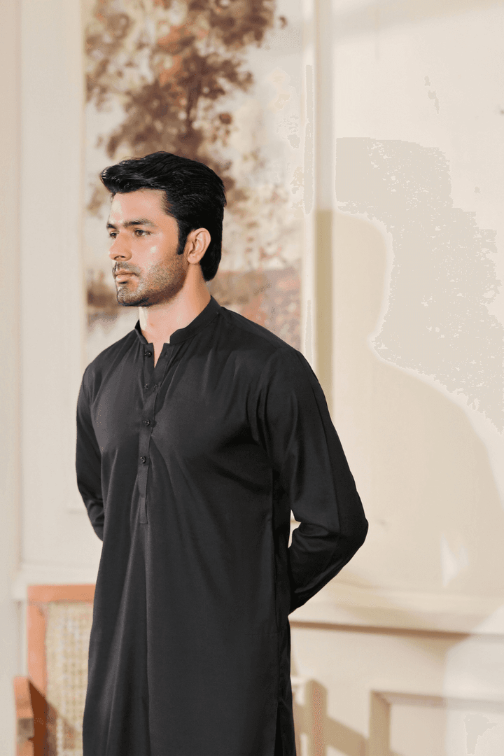 Exclusive Black Kameez Shalwar MA-104 with a stylish blended Ban Collar, perfect for elegant ethnic fashion in men's apparel.