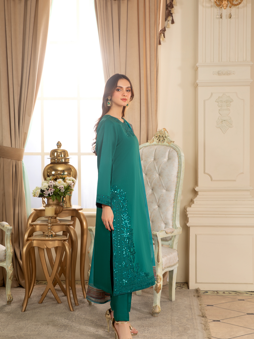 Rangreza Green Dress - Pakistani Fashion | Cambric Cotton, Embroidery Rangreza Green Dress - Pakistani Fashion | Cambric Cotton, Embroidery