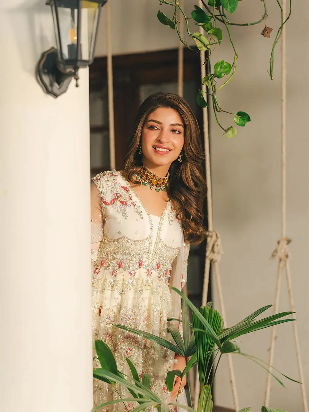 Embroidered white traditional dress with jewelry
