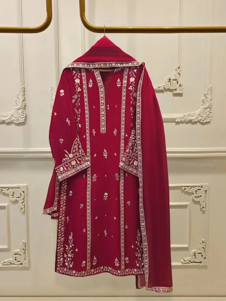 AGHA NOOR Cotton Suit - Agha Noor PK | Embroidered Set featuring a deep pink cotton net shirt with intricate white embroidery and matching dupatta.