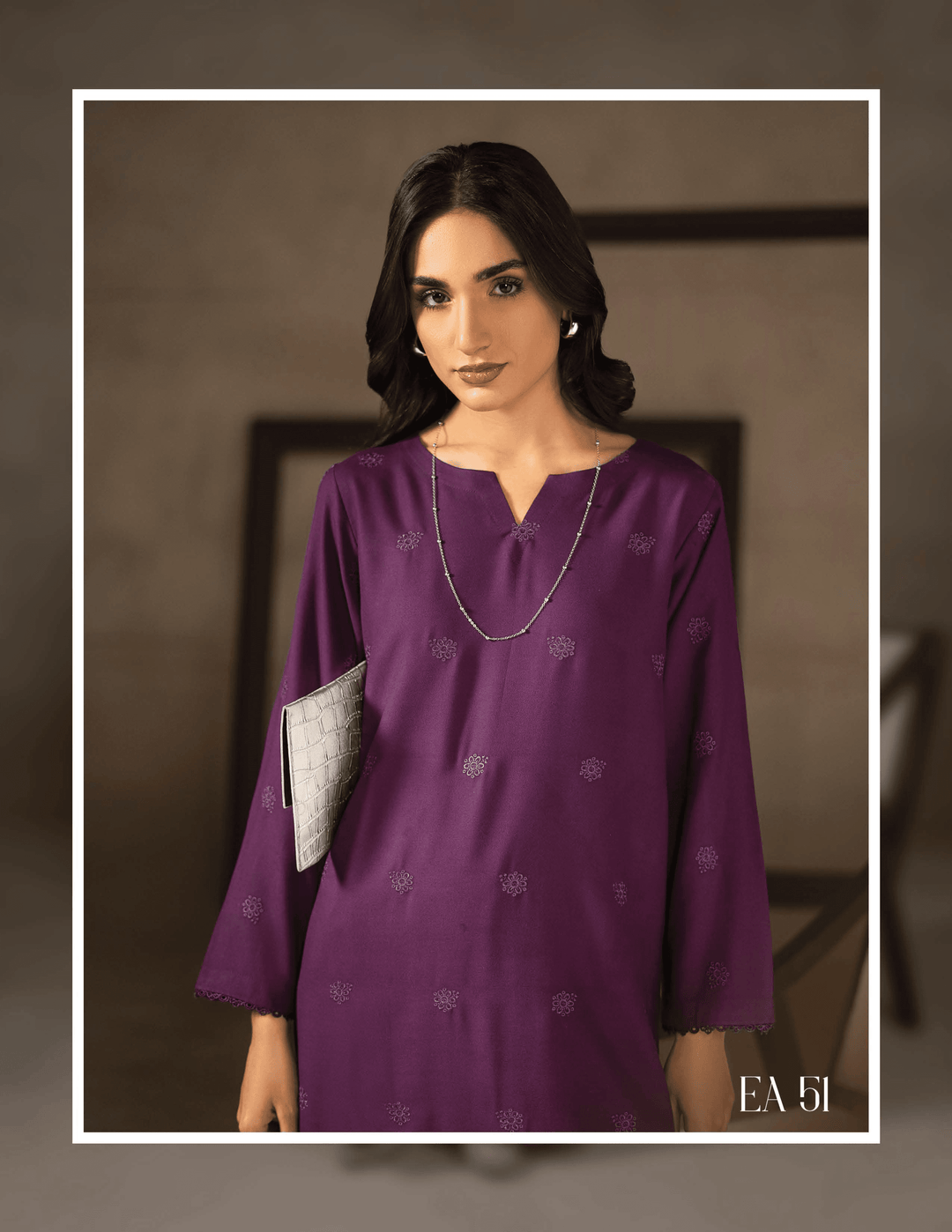 Close-up of RANGREZA EA-45-38 kurta highlighting neckline and embroidery details in purple Dhanak fabric, perfect for winter fashion.