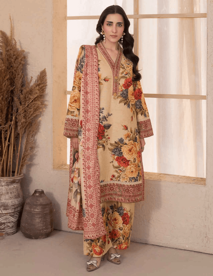 RANGREZA ML-194-5402 3-piece stitched Pakistani winter wear with embroidered khaddar shirt, floral trousers, and printed shawl in warm tones.