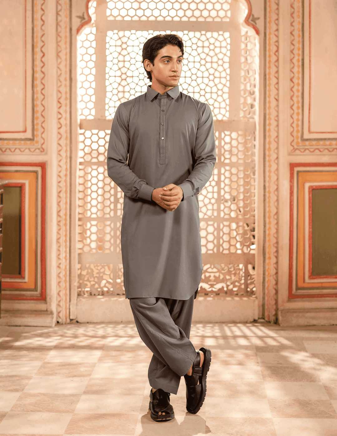 Grey blended RANGREZA | MA-93 semi-formal Kameez Shalwar for men, perfect eid outfit combining elegance and comfort in traditional style.