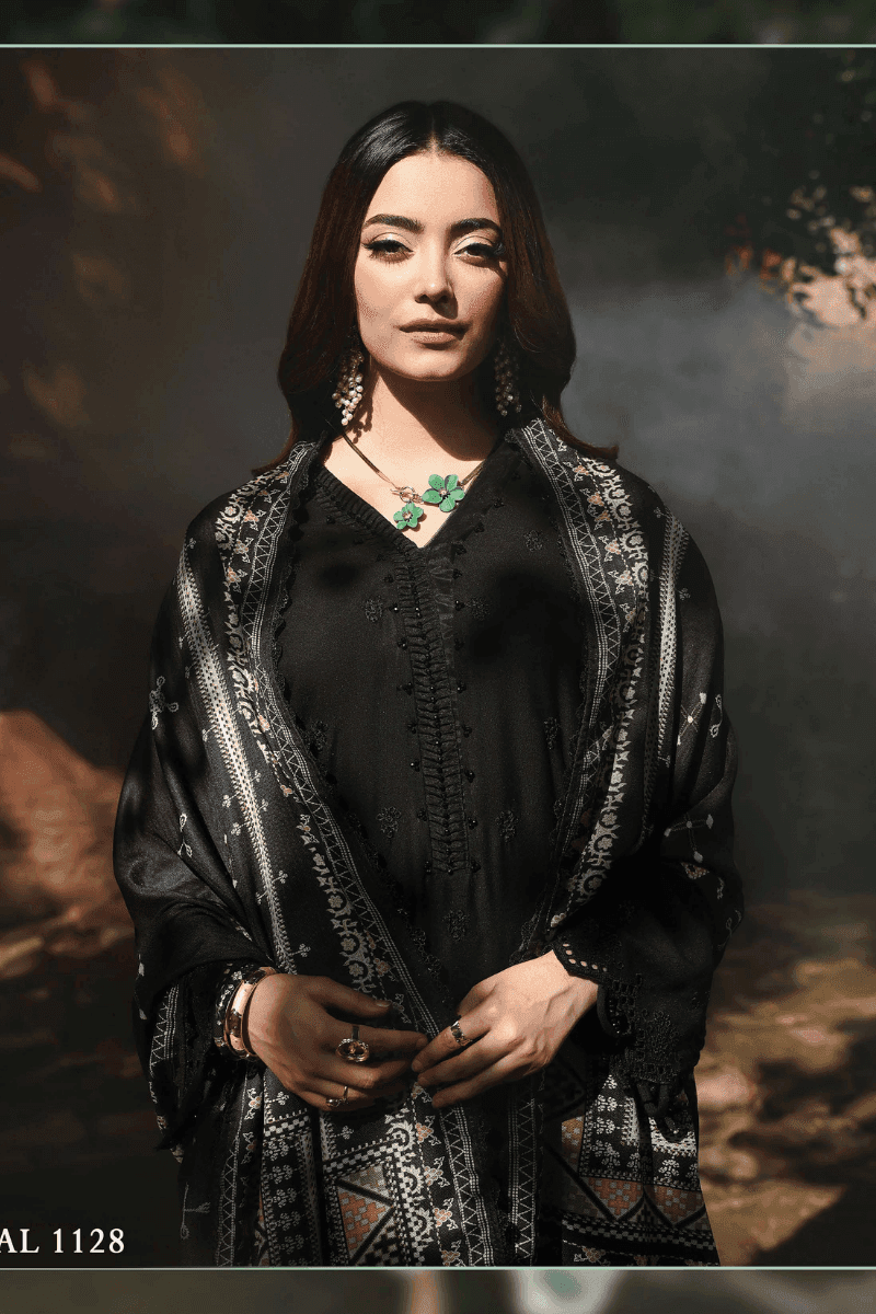 Close-up of AL-1128 black Dhanak shirt with delicate chikankari and digital print dupatta, part of premium Pakistani clothing collection.