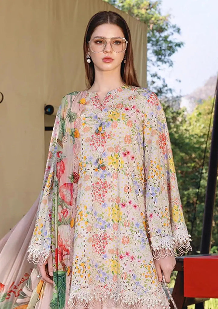 Woman wearing a floral dress with a blurred outdoor background