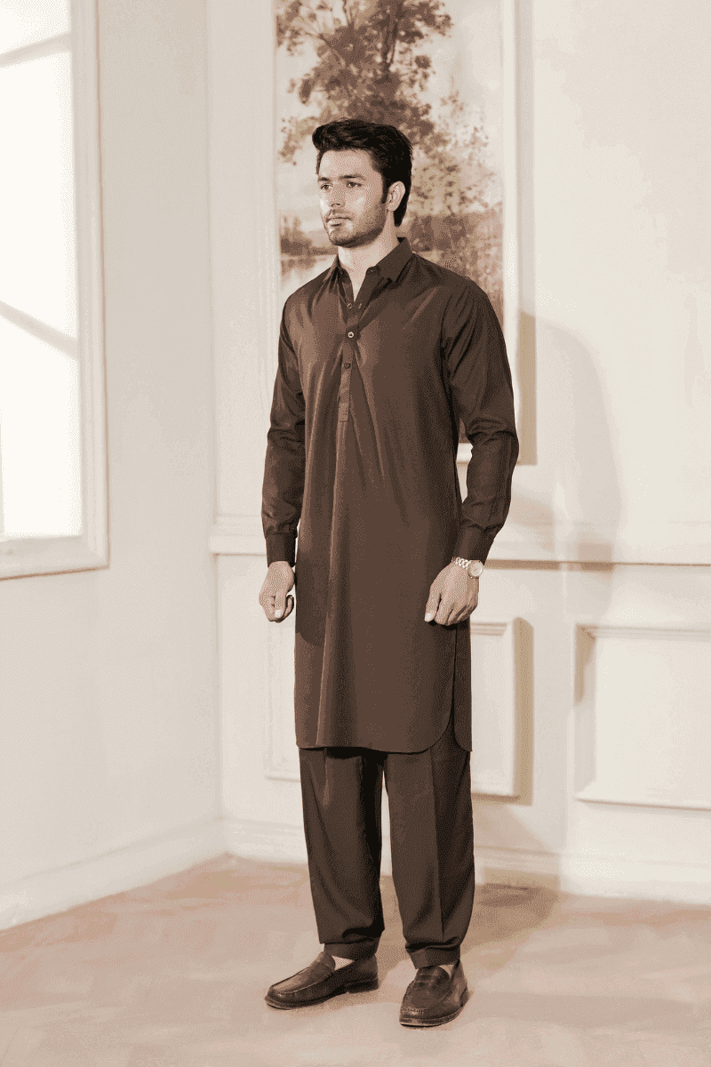 Brown MA-105 kameez shalwar for men in wash n wear fabric, full-sleeve traditional outfit ideal for formal and casual wear.