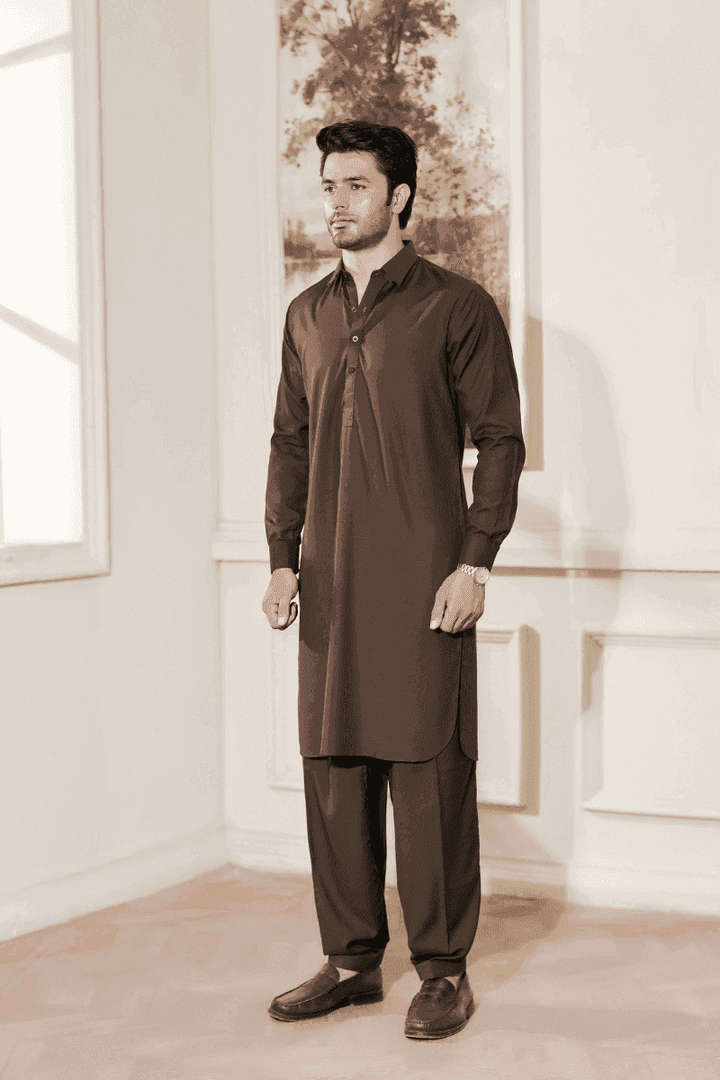 Brown MA-105 kameez shalwar for men in wash n wear fabric, full-sleeve traditional outfit ideal for formal and casual wear.