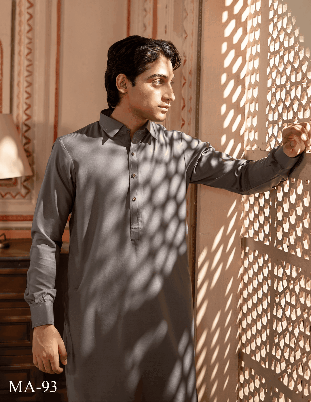 Close-up of RANGREZA | MA-93 grey Kameez Shalwar showcasing fine fabric texture and button details, ideal for semi-formal eid attire.