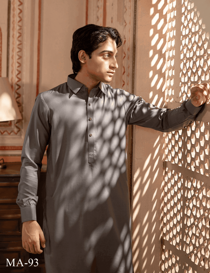 Close-up of RANGREZA | MA-93 grey Kameez Shalwar showcasing fine fabric texture and button details, ideal for semi-formal eid attire.