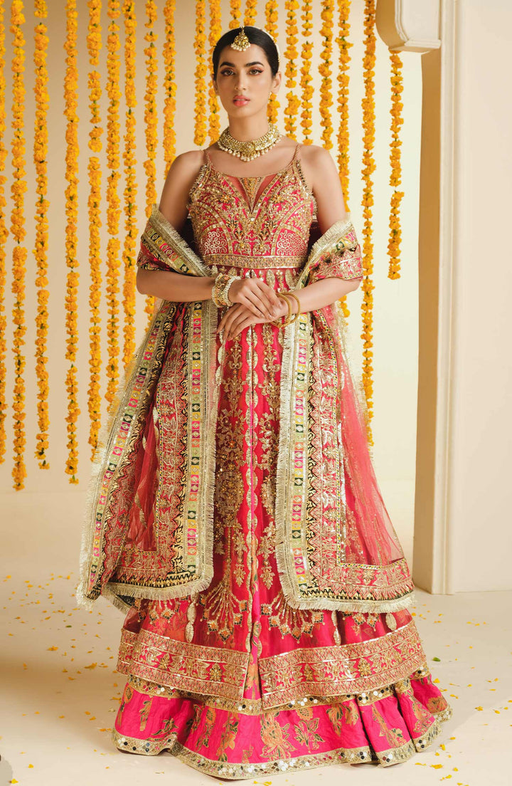 MARYUM AND MARIA Bridal Lehenga Surai MW40180-3800 in pink with gold embroidery, featuring net, organza, and grip fabrics. Ideal for weddings.