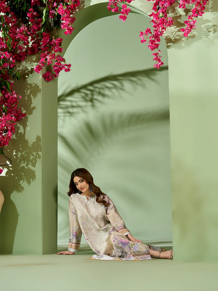Rangreza Ivory Printed Silk 2-Piece Kaftan – EA-92-04