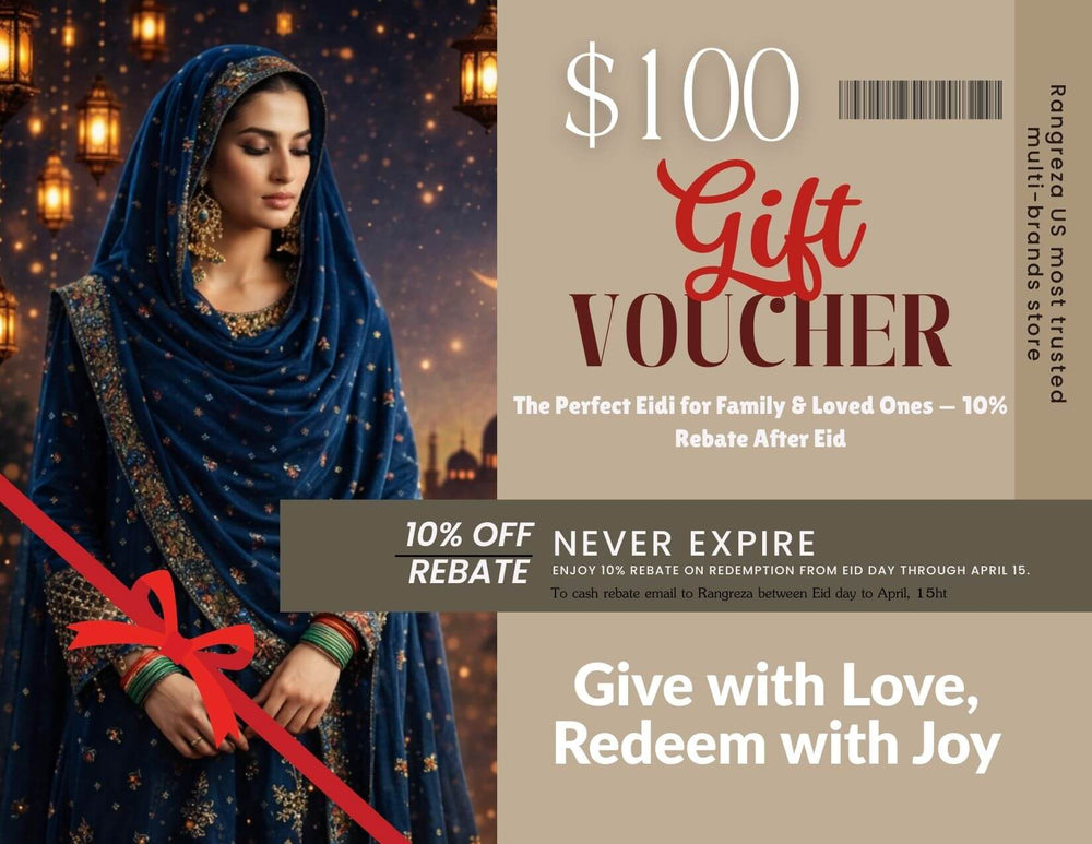$100 Eid gift voucher with woman in blue dress and lanterns
