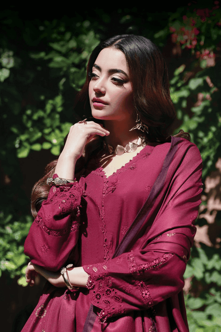 Close-up of RANGREZA AL-1131 maroon chikankari shirt with lace and pearl detailing, paired with wool shawl for Pakistani womenswear.