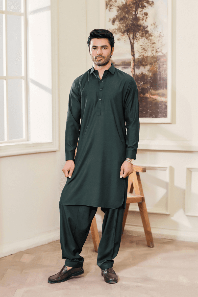 Exclusive - Shalwar Kameez Men​ Blended Fabric MA-101 in deep green, featuring a classic straight-cut design with full sleeves and buttoned placket.