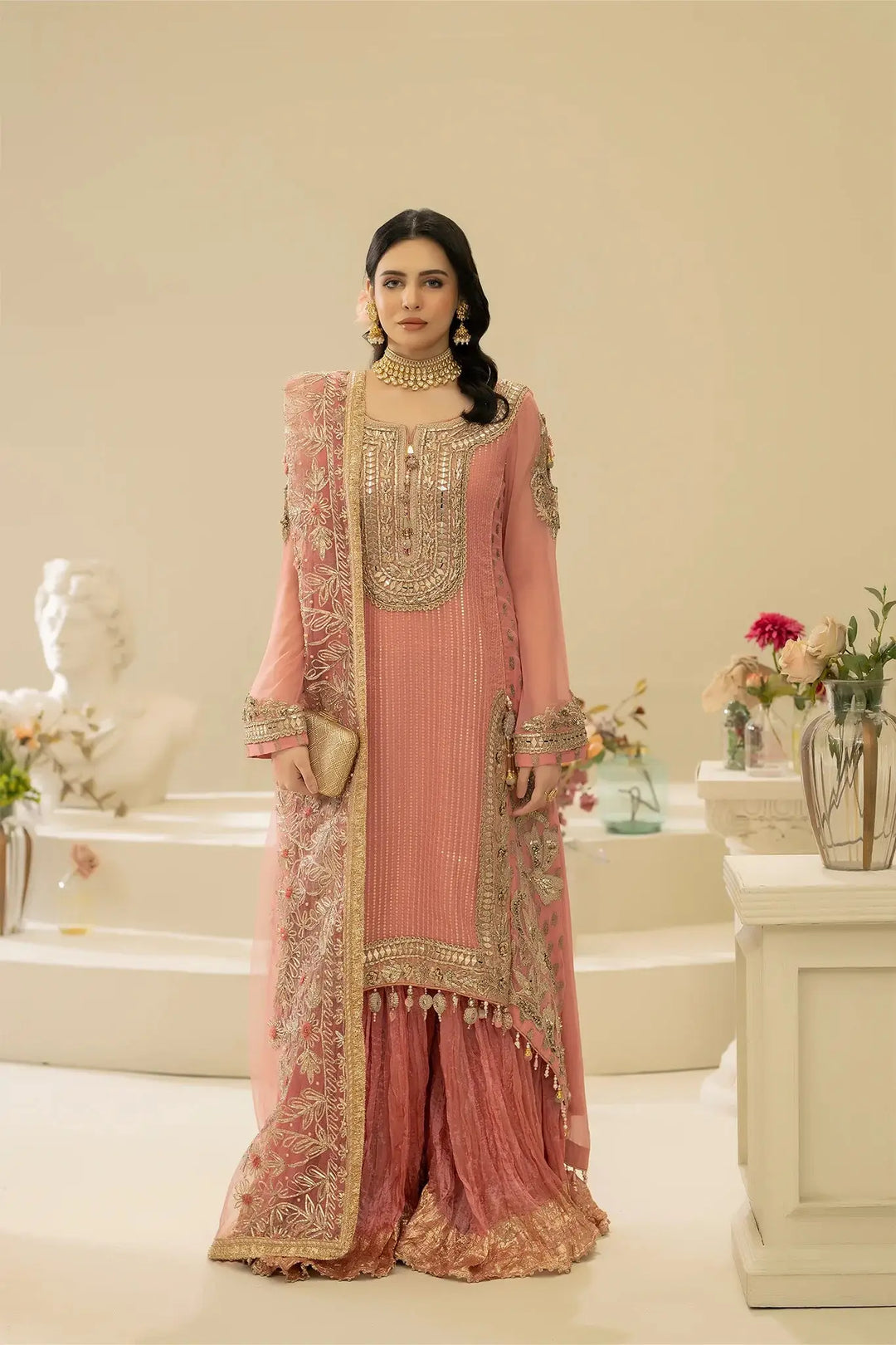 KHUDA BAKSH M-109 Pink hand embroidered shirt with net dupatta and embellished gharara, traditional Pakistani formal wear.