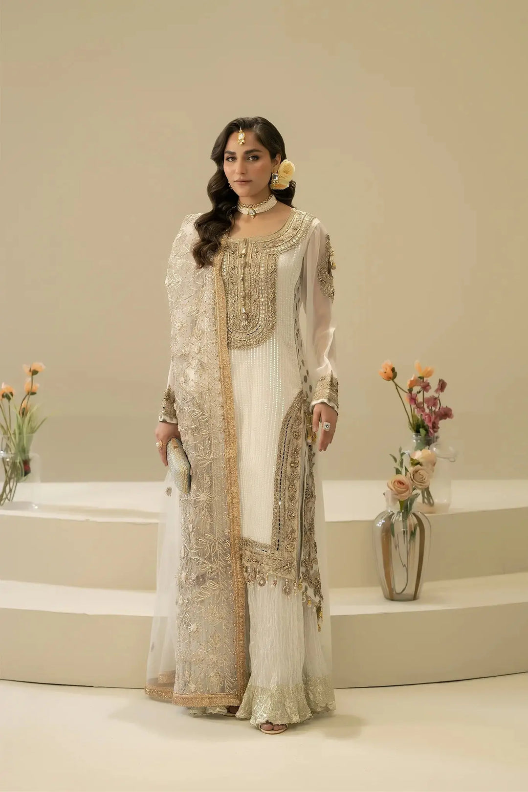 M-109 OFF-WHITE hand embroidered Pakistani shirt, bottom, and dupatta set with pearls, gota, and tilla for festive occasions.