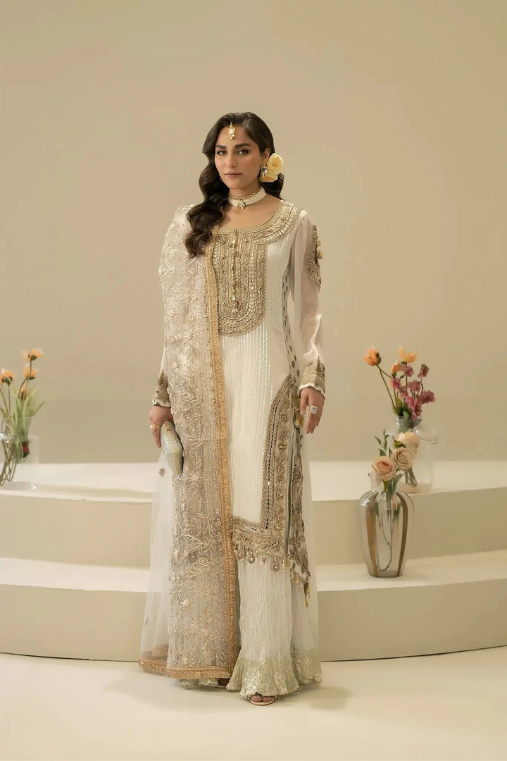 M-109 OFF-WHITE hand embroidered Pakistani shirt, bottom, and dupatta set with pearls, gota, and tilla for festive occasions.