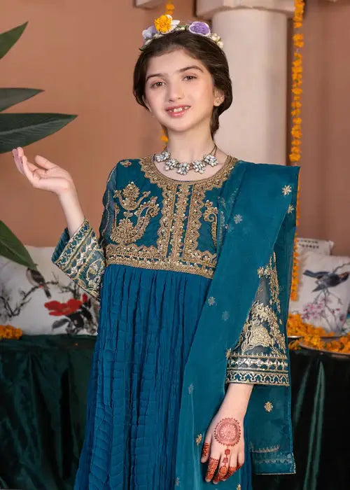 Close-up of Rangreza 3-piece blue party dress for girls featuring gold embroidery on chiffon top and matching organza dupatta for elegant styling.