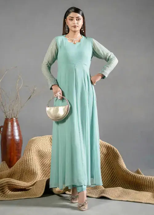 Rangreza Chiffon 2 Piece green dress with embellished sleeves and matching accessories