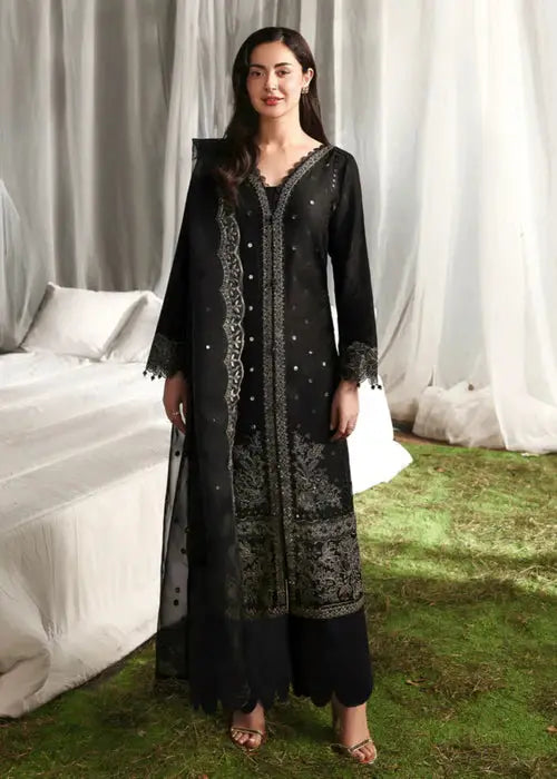 Black embroidered kurta with dupatta and pants for festive wear