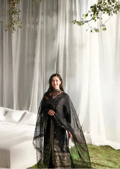 Black embroidered kurta with dupatta for party wear