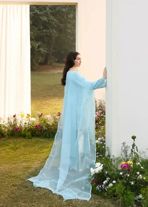 Side view of sky blue embroidered traditional dress with dupatta and pants for festive wear