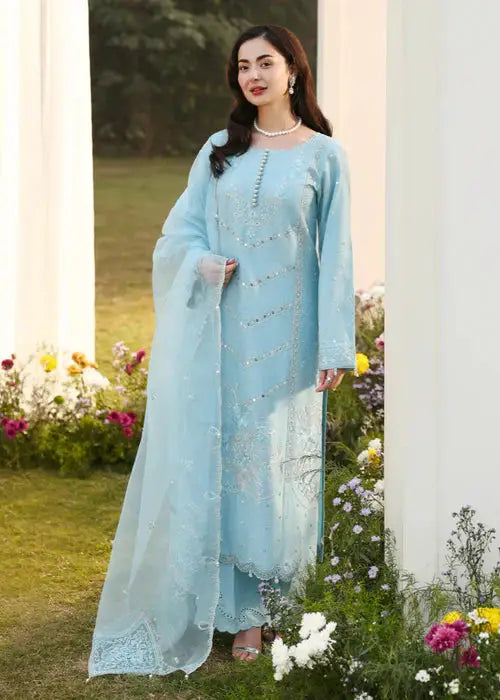 Front view of sky blue embroidered traditional dress with dupatta and pants for festive wear