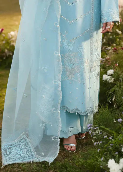 Close-up of embroidery on sky blue traditional dress with dupatta and pants