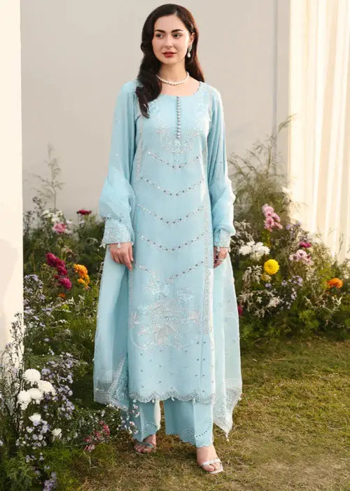 Sky blue embroidered traditional dress with dupatta and pants for festive wear