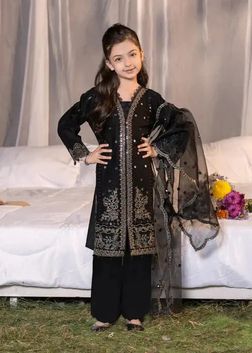 Black embroidered traditional dress with dupatta for girls