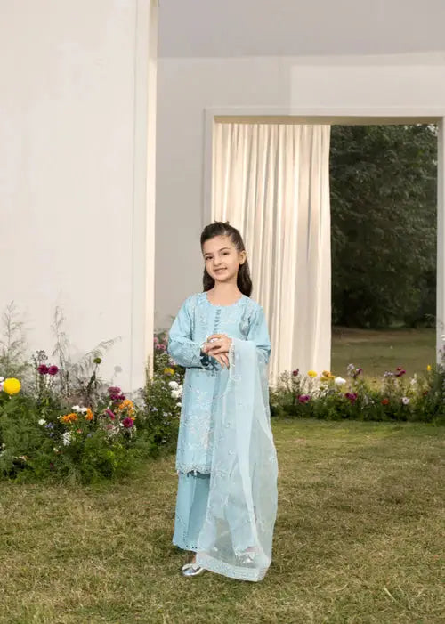 Girl in embroidered light blue dress with dupatta, standing outdoors with garden background