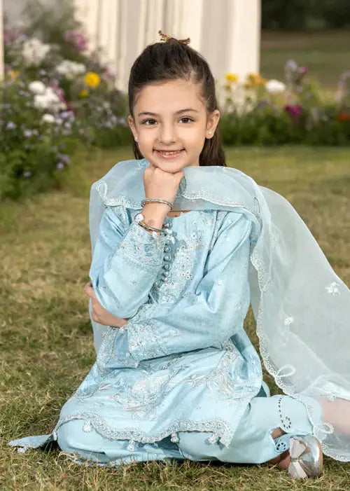 Smiling girl in blue ethnic outfit sitting on grass