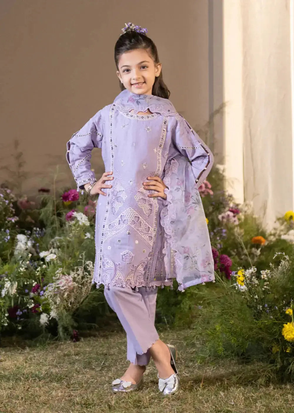 Lavender embroidered kid kurta with dupatta and pants for festive wear