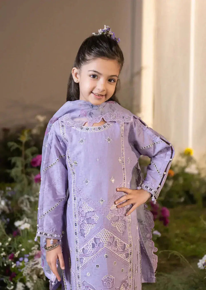 Lavender embroidered kid's kurta with lace details and floral accessories