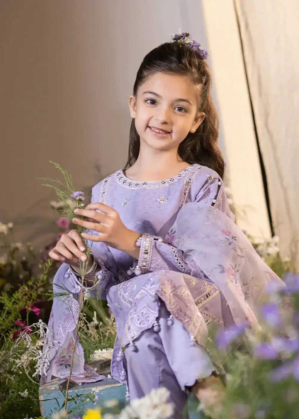 Lavender floral embroidered kid's kurta with dupatta and bottom, festive wear