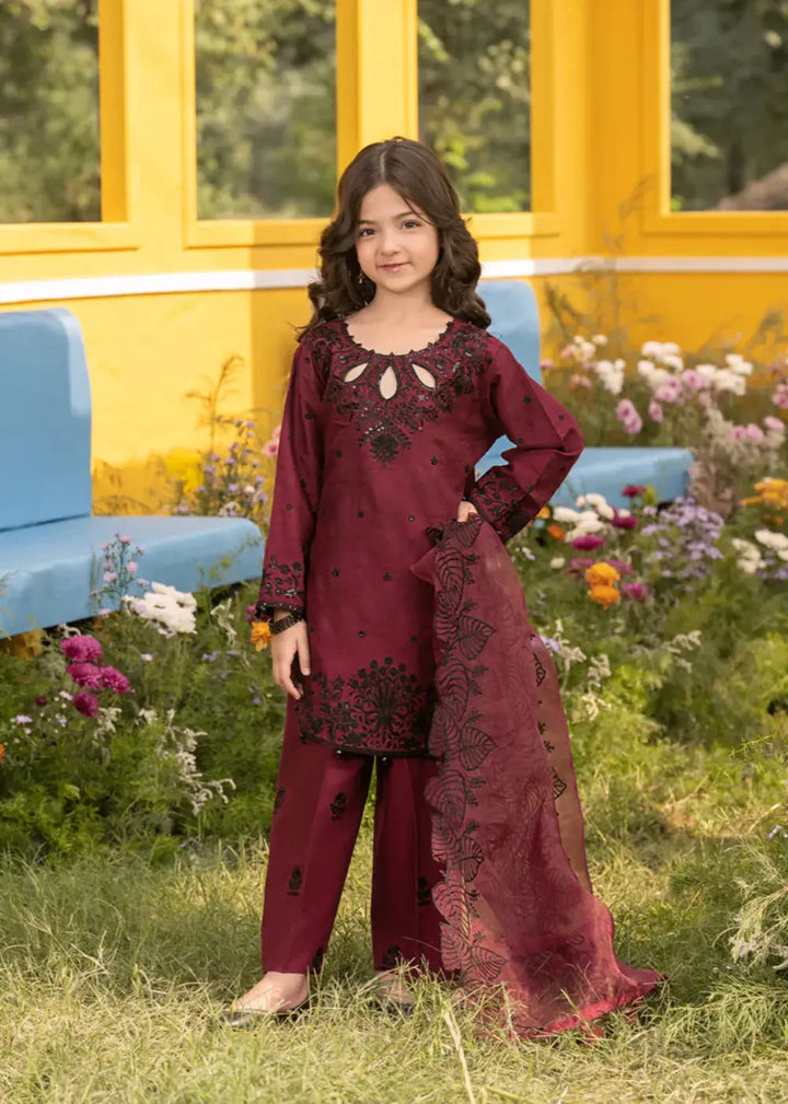 Rangreza Janan Kid CHERRY maroon embroidered shirt with dupatta, festive clothing for girls