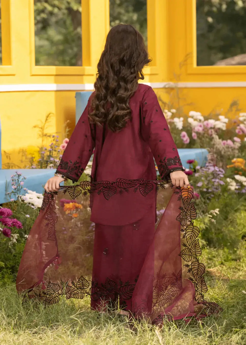 Back view of Rangreza Janan Kid CHERRY maroon embroidered shirt with dupatta, festive attire for girls