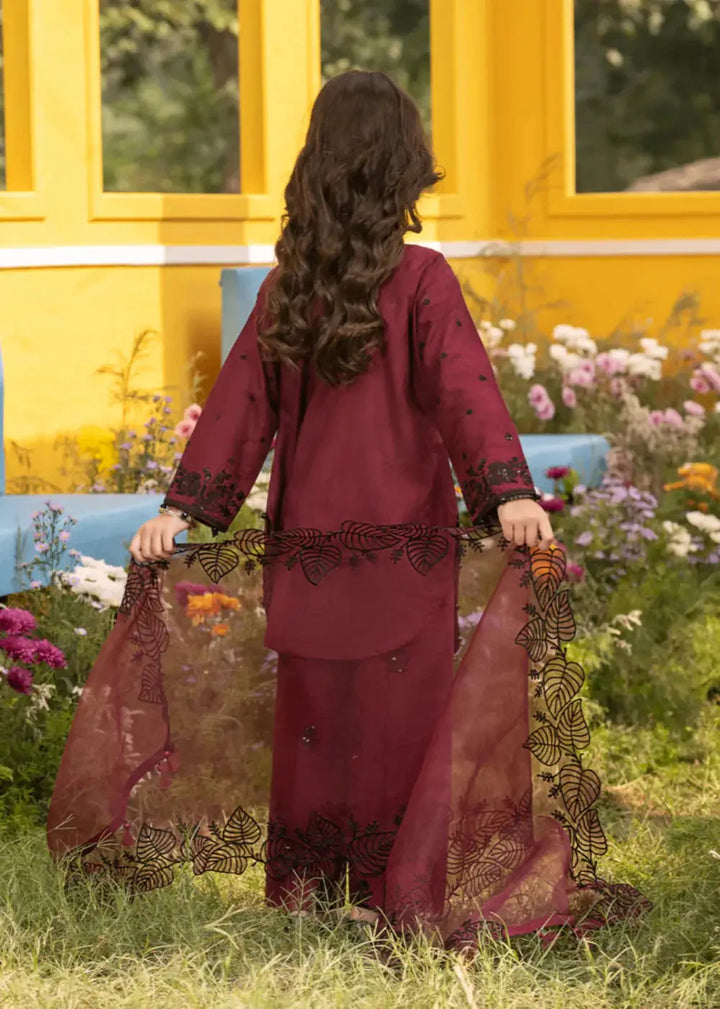 Back view of Rangreza Janan Kid CHERRY maroon embroidered shirt with dupatta, festive attire for girls