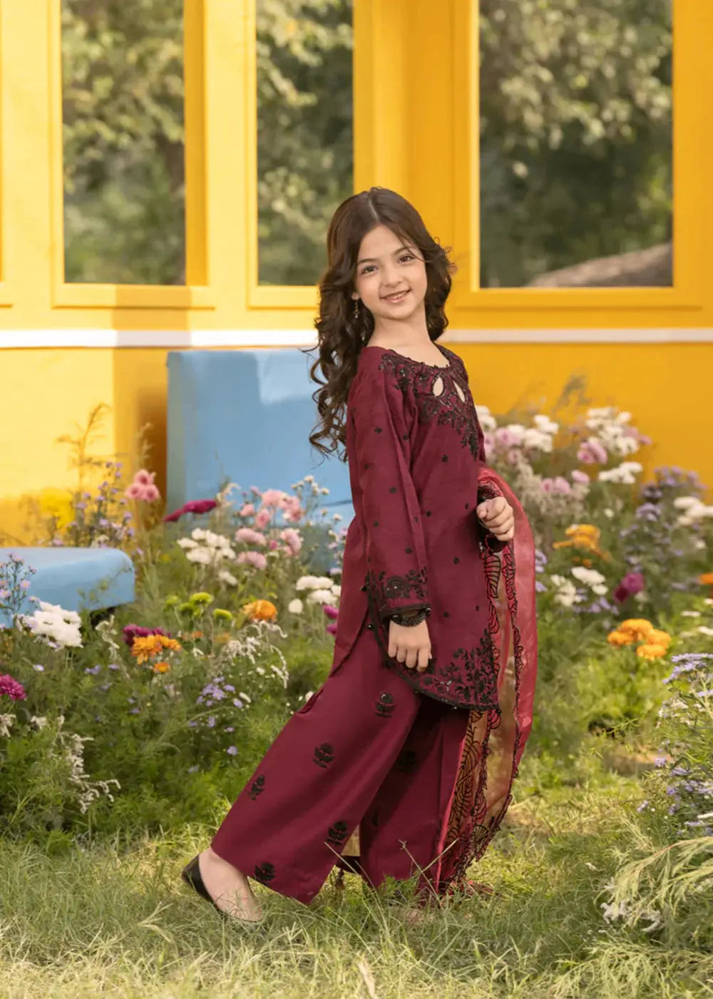 Front view of Rangreza Janan Kid CHERRY maroon embroidered shirt with dupatta, festive clothing for girls