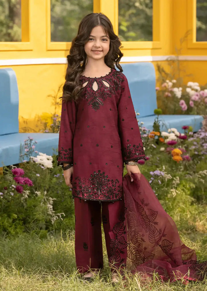 Close-up of Rangreza Janan Kid CHERRY maroon embroidered shirt with dupatta, festive attire for girls