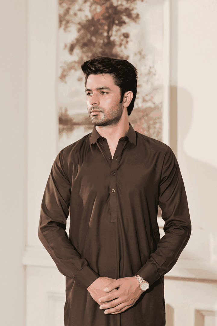 Close-up of Brown MA-105 men's kameez shalwar showcasing collar and button details in premium wash n wear fabric.