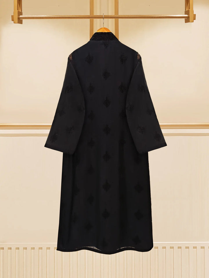 Back view of black embroidered cotton net suit