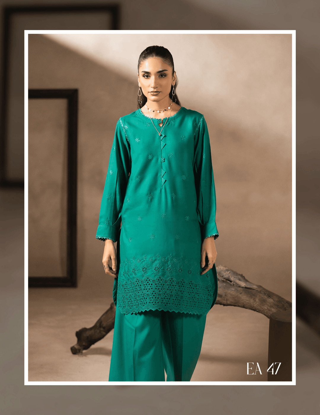 Front view of RANGREZA EA-47-3802 Pakistani winter outfit with embroidered accents and scalloped hem, ideal for seasonal elegance in 2 pieces.