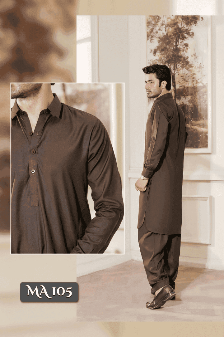Back and front view of Brown MA-105 kameez shalwar for men, highlighting stitching and fabric texture in wash n wear.