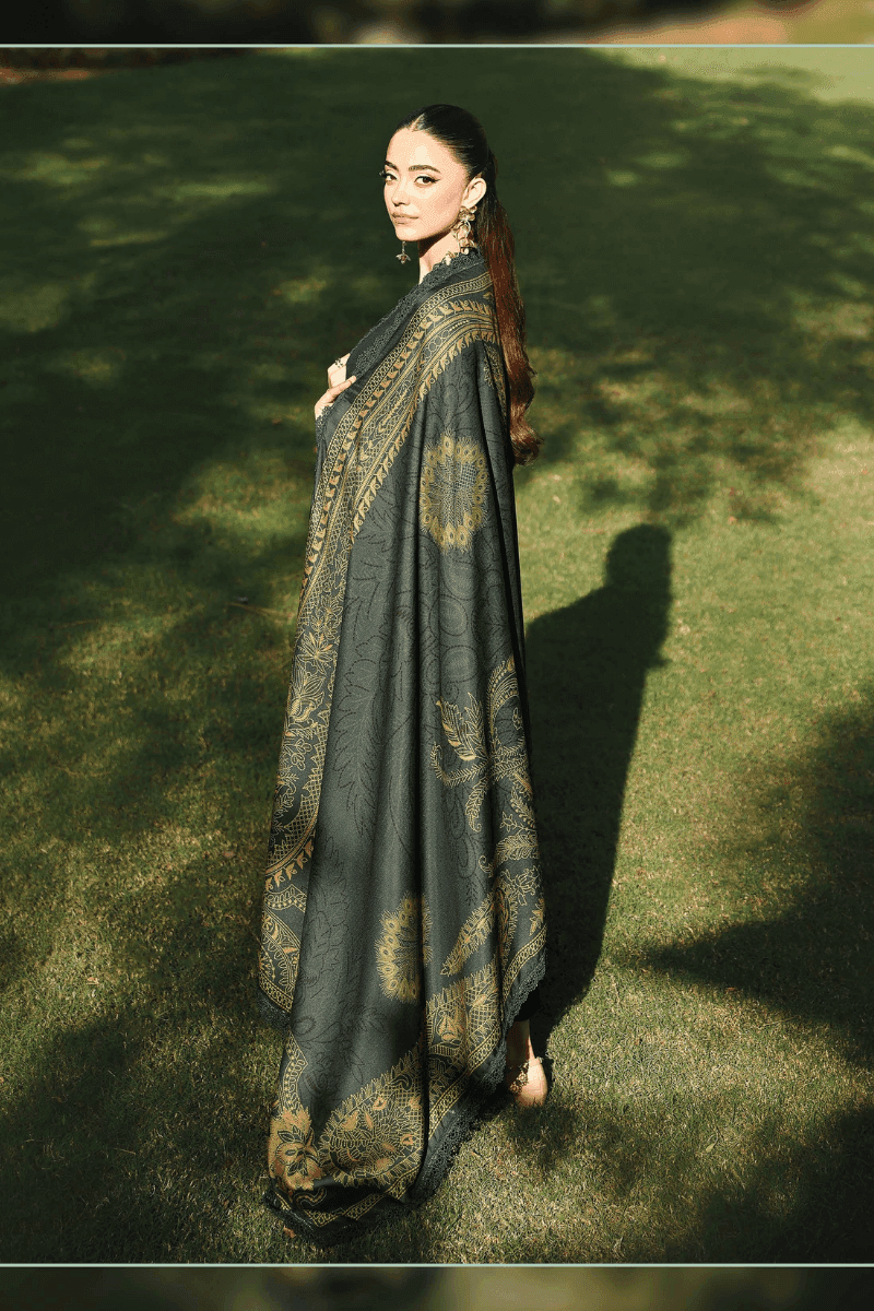 Back view of rangreza AL-1130 showcasing detailed wool shawl with golden motifs, paired with elegant green chikankari suit.