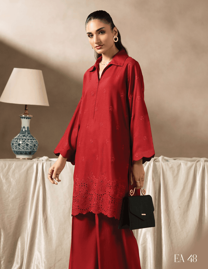 Elegant RANGREZA EA-48-3803 red kurta set featuring scalloped hem embroidery and relaxed fit. Ideal for stylish Pakistani two piece outfits.