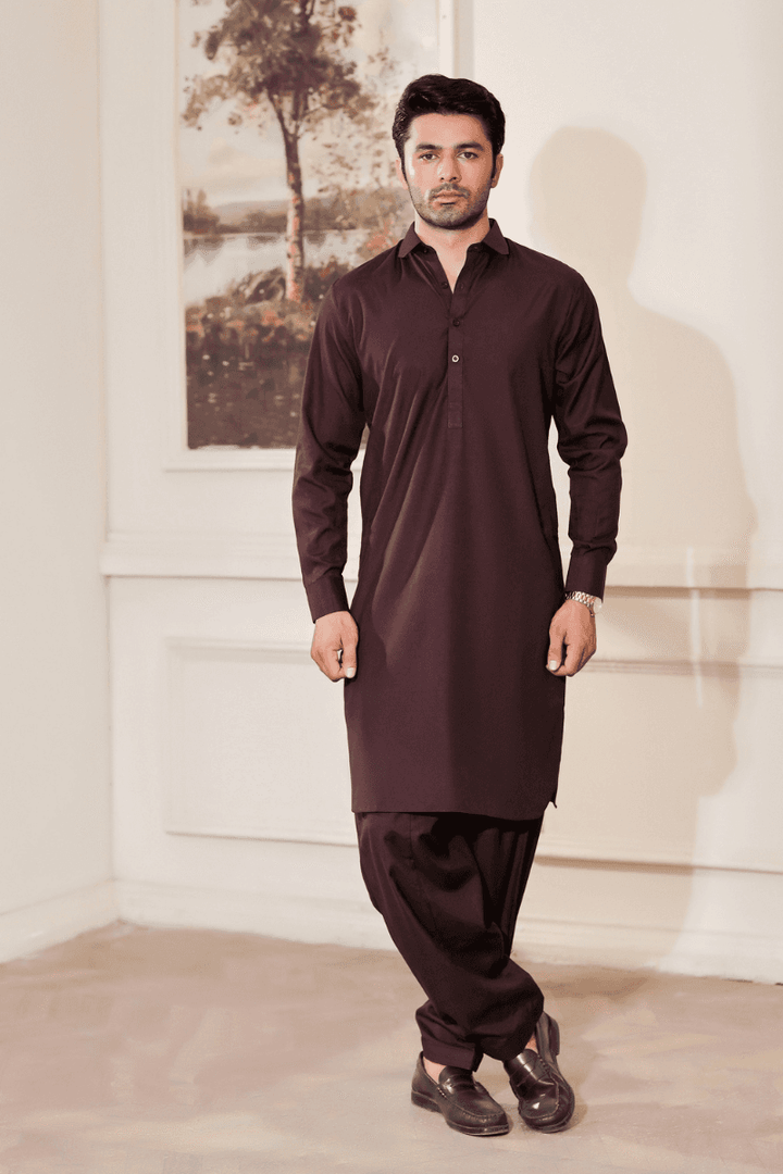 EXCLUSIVE KAMEEZ SHALWAR - Maroon, Wash N Wear MA-106 shown full-length on male model in traditional attire. Ideal for formal and festive wear.