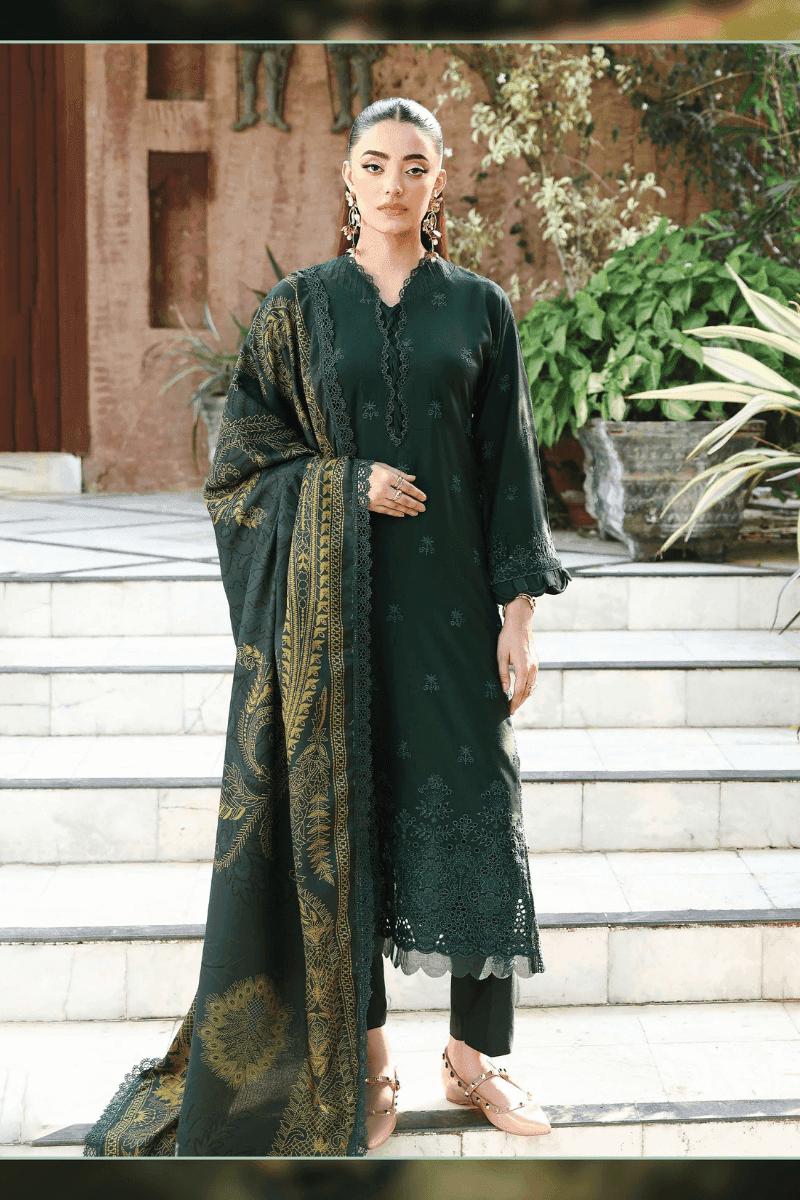 rangreza AL-1130 green Pakistani outfit with chikankari embroidery and printed wool shawl, ideal for festive wear in traditional clothing.
