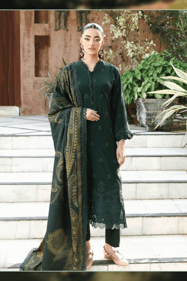 rangreza AL-1130 green Pakistani outfit with chikankari embroidery and printed wool shawl, ideal for festive wear in traditional clothing.